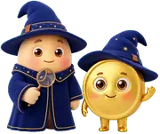 The CoinWiz mascot: a gold coin in a starry wizard hat, holding a magnifying glass