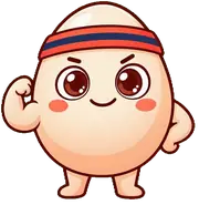Gramo, the Gramoza mascot: a smiling egg in a headband, flexing